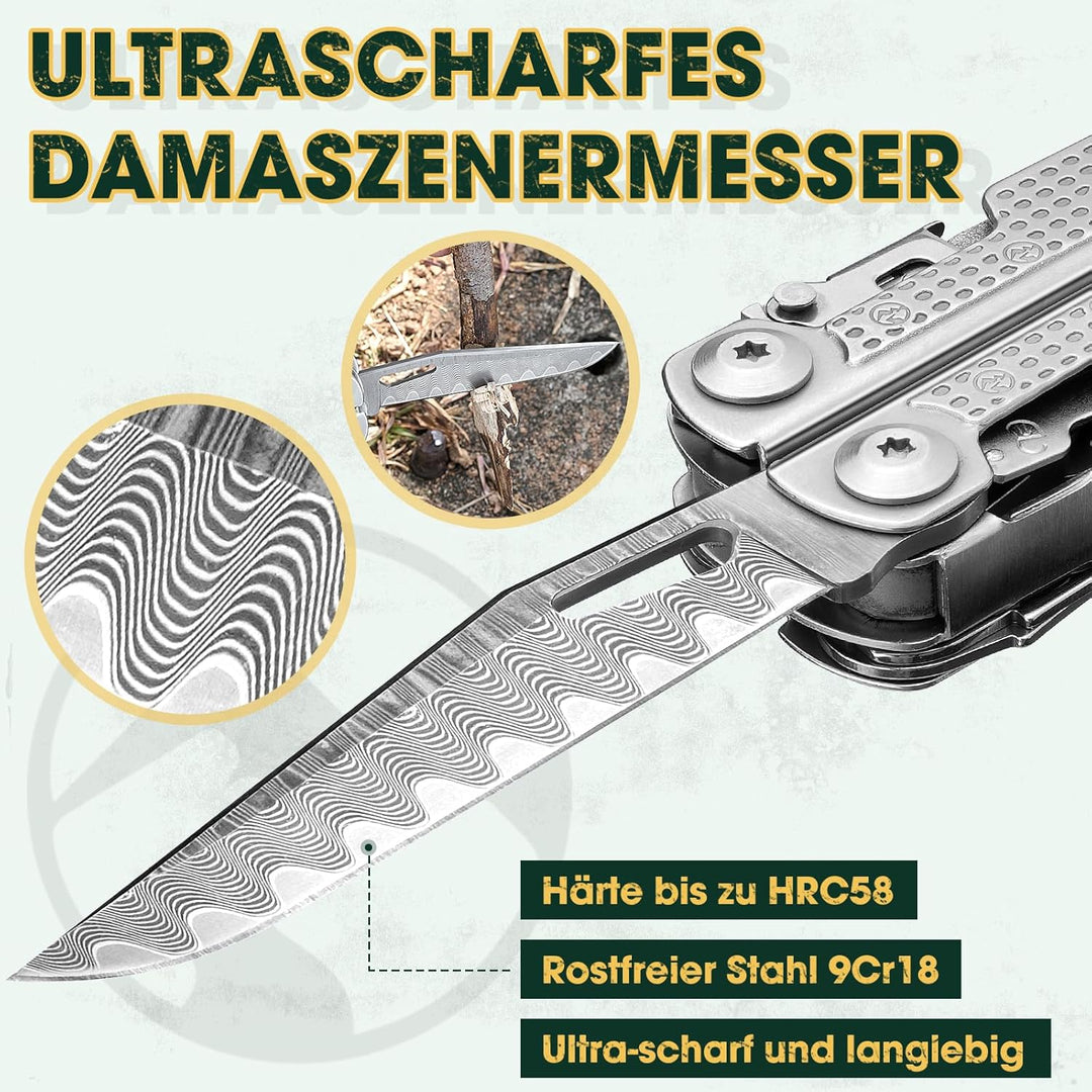 Multitool Werkzeug, Geschenke für Männer, Aufgerüstetes Multi Tool Edelstahl Faltbares mit Damastmes