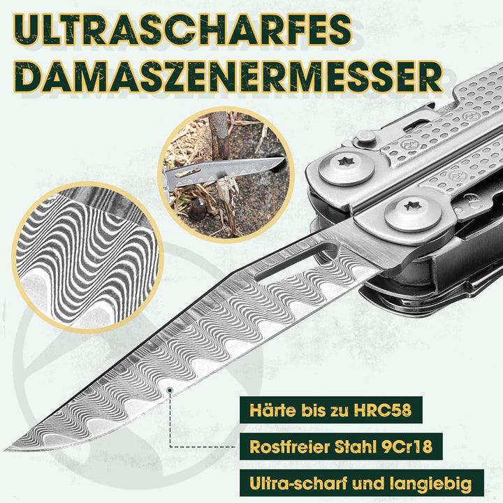 Multitool Werkzeug, Geschenke für Männer, Aufgerüstetes Multi Tool Edelstahl Faltbares mit Damastmes