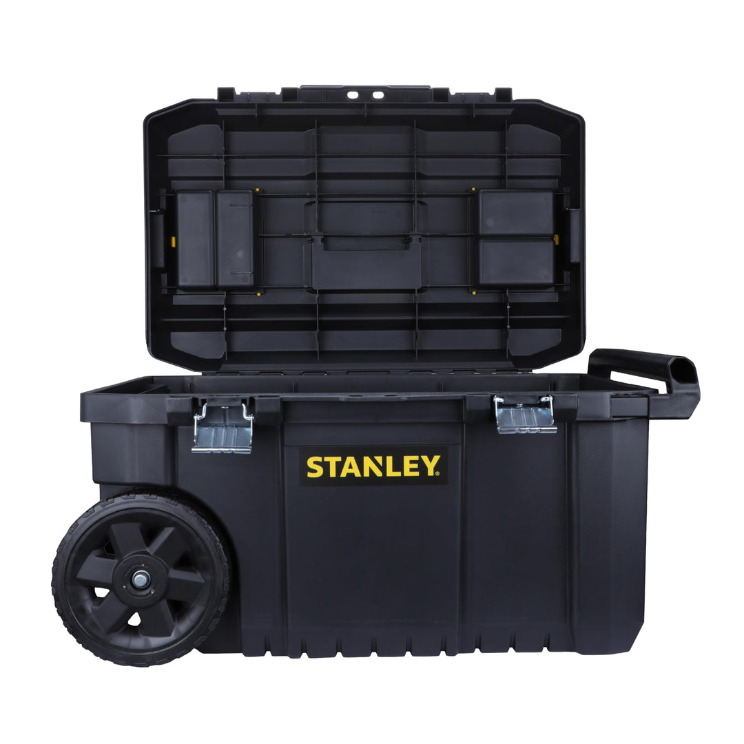 Stanley Essential Mobile Montagebox (50 L, Metallverschlüsse, Teleskopgriff, stabile Räder für schwe