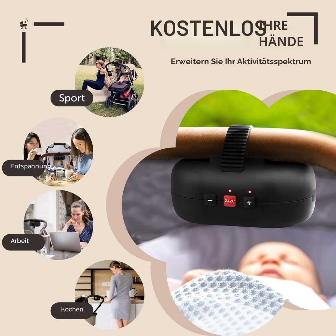 ZAZU Robby Kinderwagenschaukler - Automat. Babywippe, Verstellbare Stärke, 40-Min Timer, Babyschreis