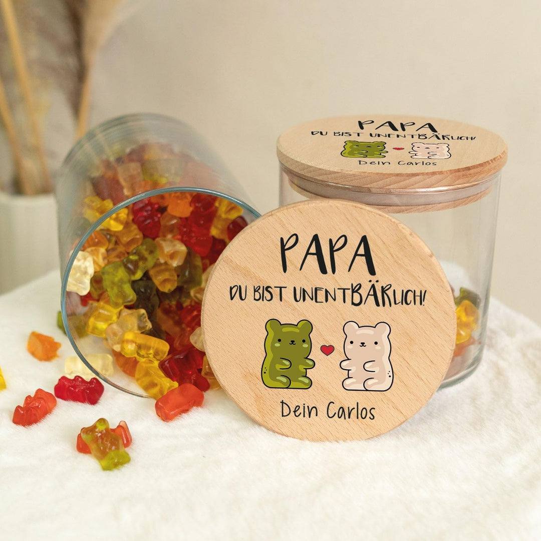 GRAVURZEILE Vorratsglas mit bedrucktem Holzdeckel - UnentBÄRlich Papa - Personalisiert mit Name - Ke