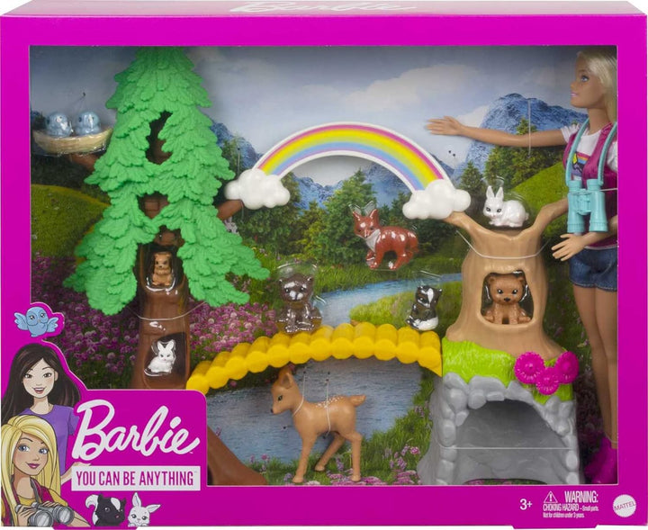 Barbie GTN60 - Waldtier-Forscherin Spielset mit blonder Barbie-Puppe und 10 Tierfiguren, Spielzeug a