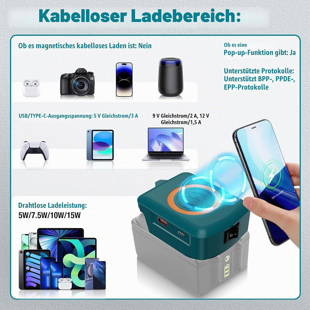 Wireless für Bosch 18V GBA Akku USB Ladegerät Adapter,Kabelloses Handy Ladegerät,Typ-C Telefon Schne