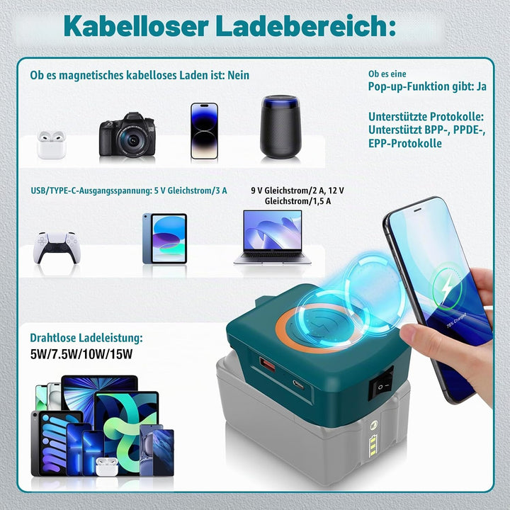 Wireless für Bosch 18V GBA Akku USB Ladegerät Adapter,Kabelloses Handy Ladegerät,Typ-C Telefon Schne