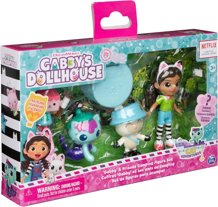 Gabby's Dollhouse, Camping Figuren Set, Gabby mit Panda Pfötchen, Baby Box und Meerkätzchen sowie 1