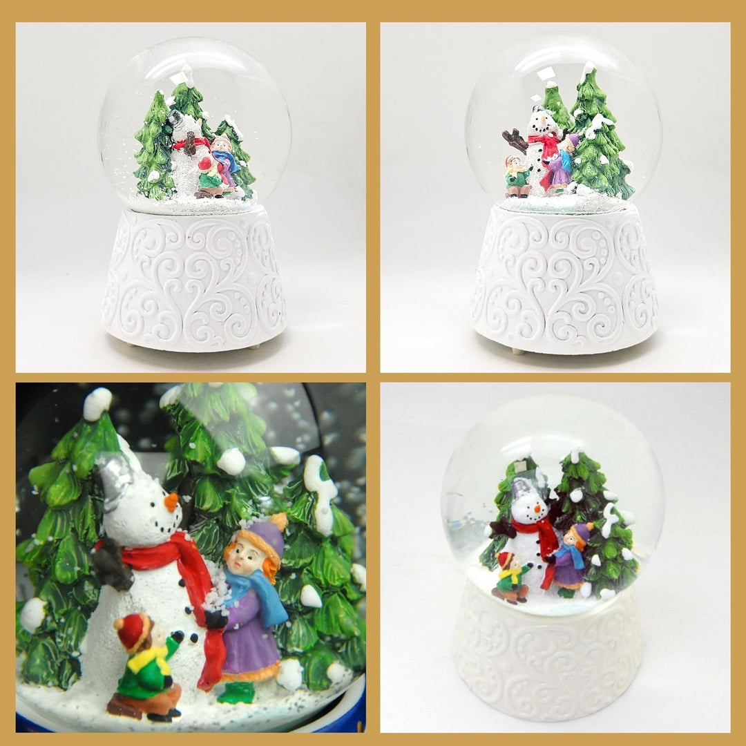 Schneekugel Weihnachten Spieluhr | Kinder Bauen Schneemann | Ornament Sockel weiss | Höhe 140mm Brei