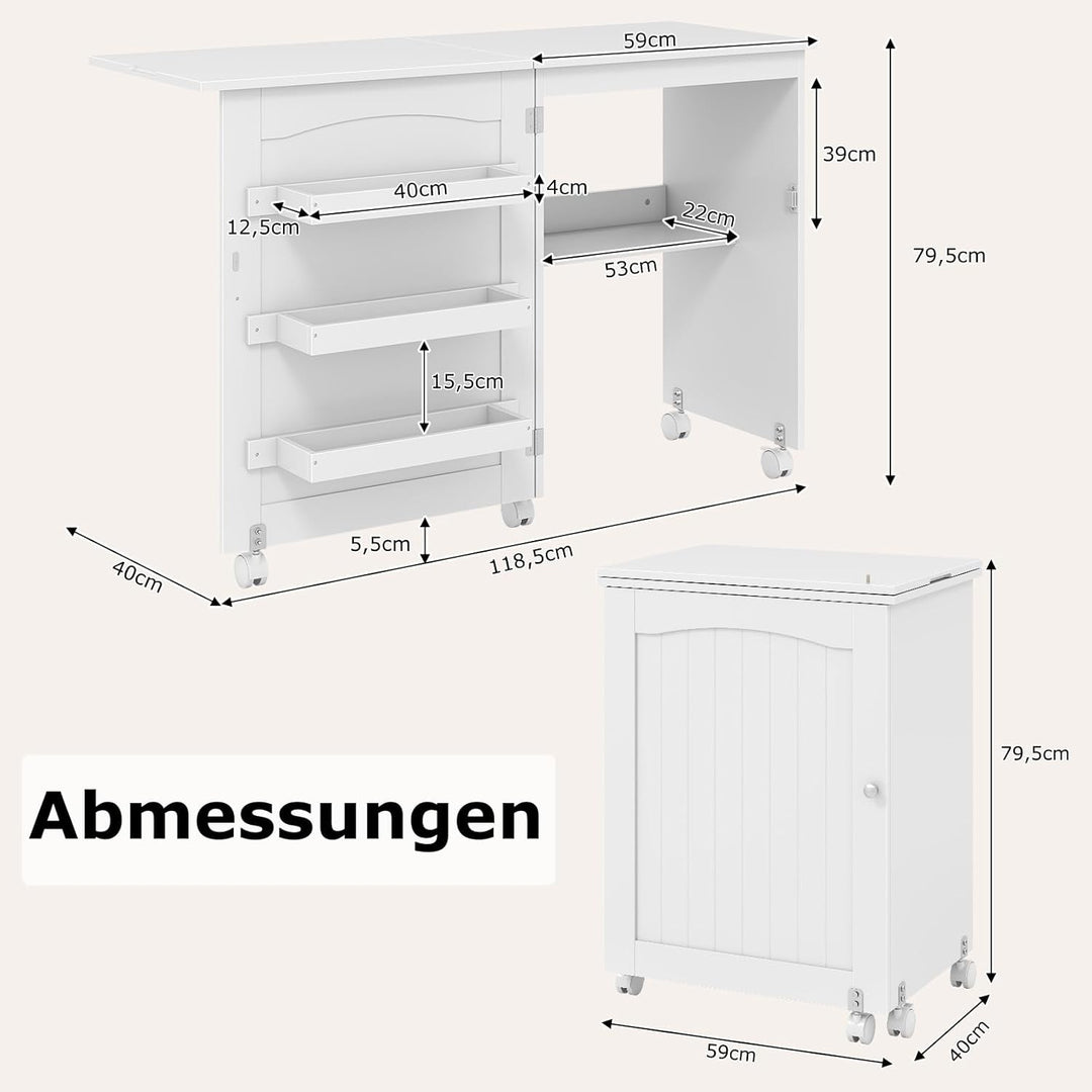 GIANTEX Nähtisch klappbar, Nähmaschinentisch auf Rollen, Nähtisch für Nähmaschine, Nähschrank Holz,