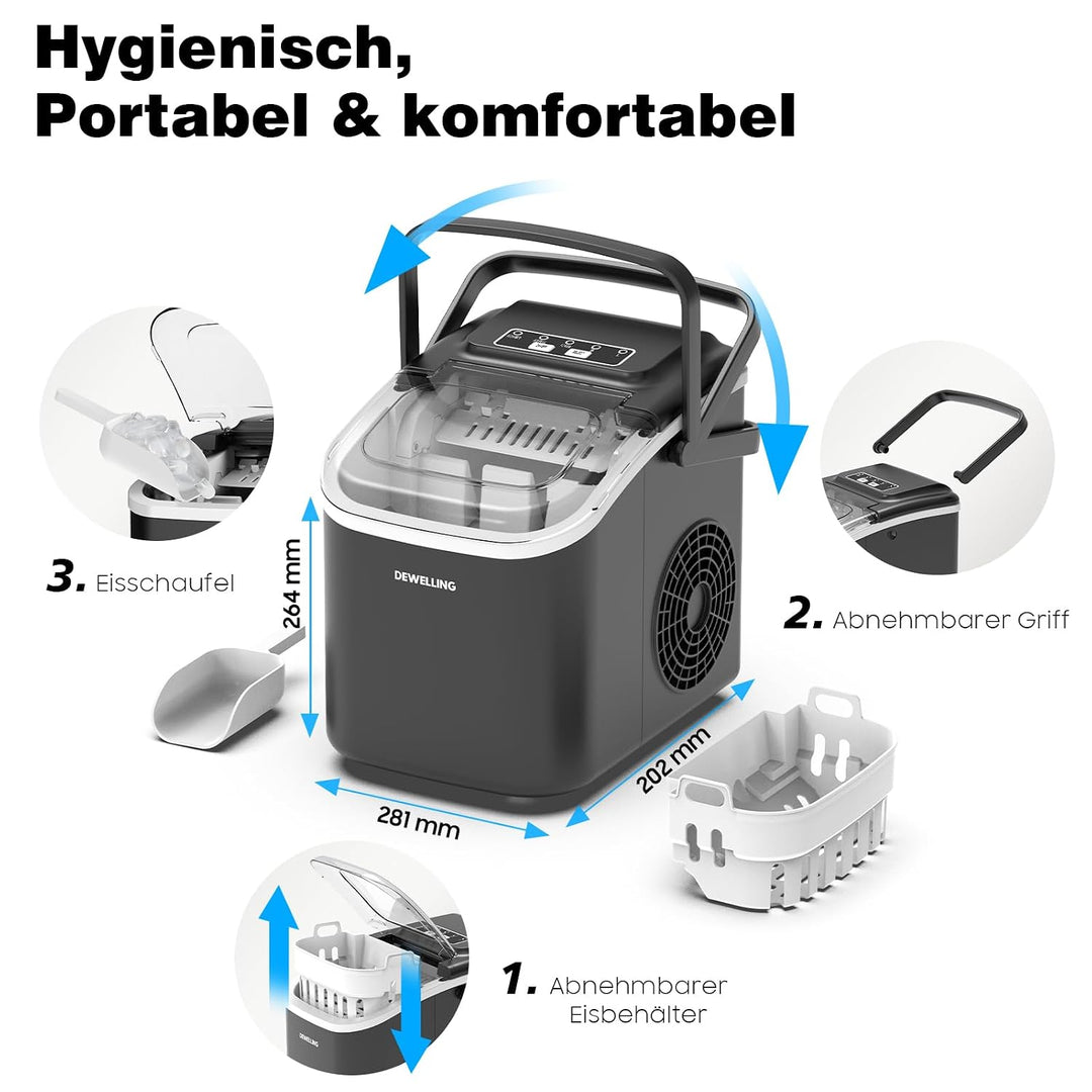 Eiswürfelmaschine, Ice Maker mit Selbstreinigungsfunktion, Leise, 8 Eiswürfel in 6 Minuten(12 kg/24