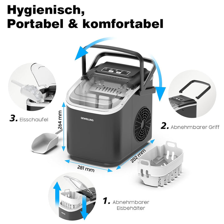 Eiswürfelmaschine – 8 Eiswürfel in 6 Minuten (12 kg/24 h), Selbstreinigend &amp; Leise, 2 Eiswürfelgröss