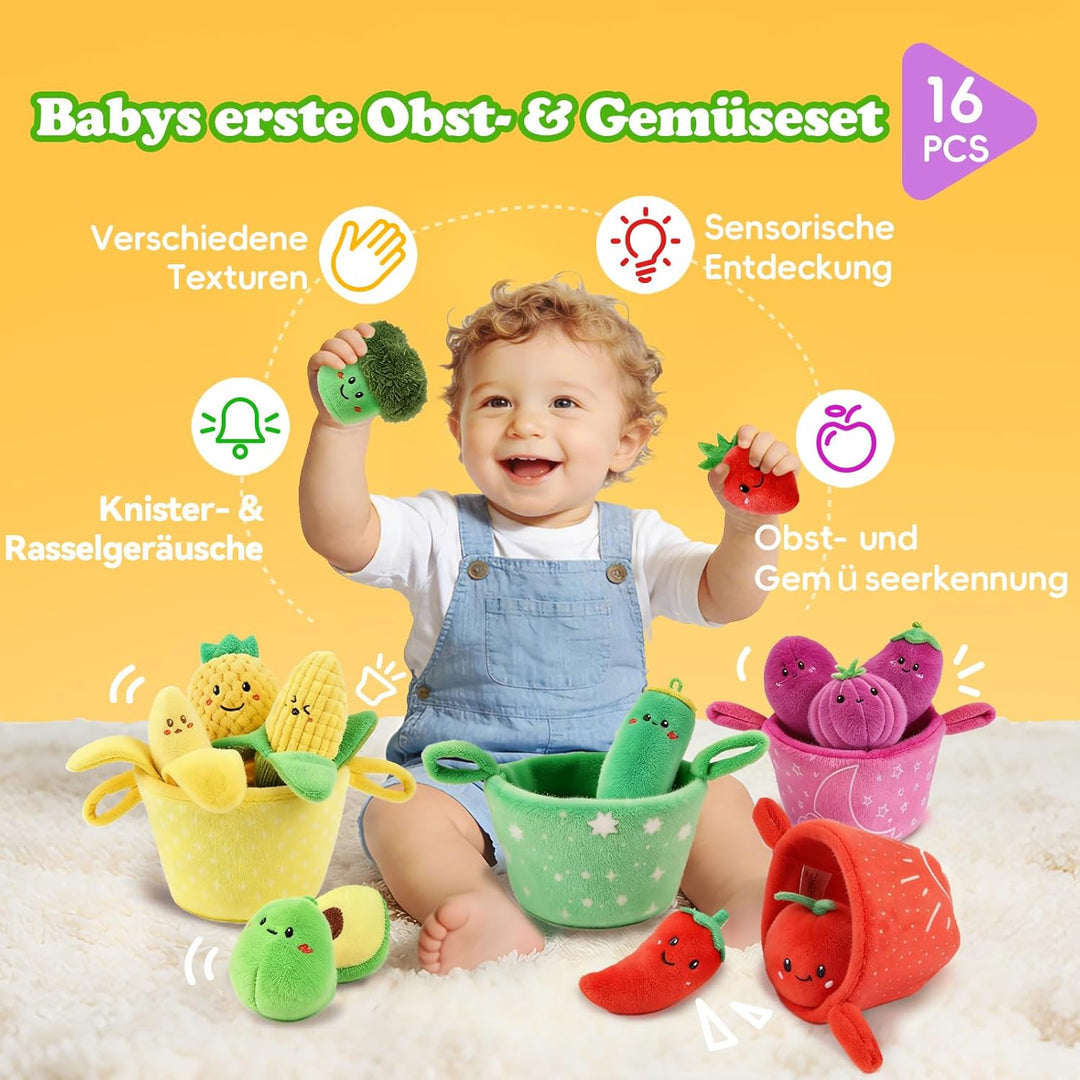 Baby Spielzeug 6 7 8 9 10 12 Monate, Gemüse und Obst Plüsch Spielzeug(16PCS) mit Rassel & Knisterpap