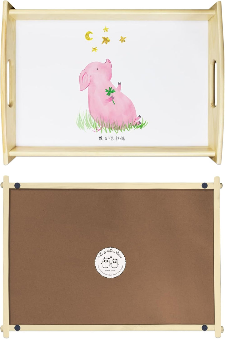 Mr. & Mrs. Panda Dekotablett Schwein Glück - Geschenk, Schweinchen, Frühstückstablett, Serviertablet