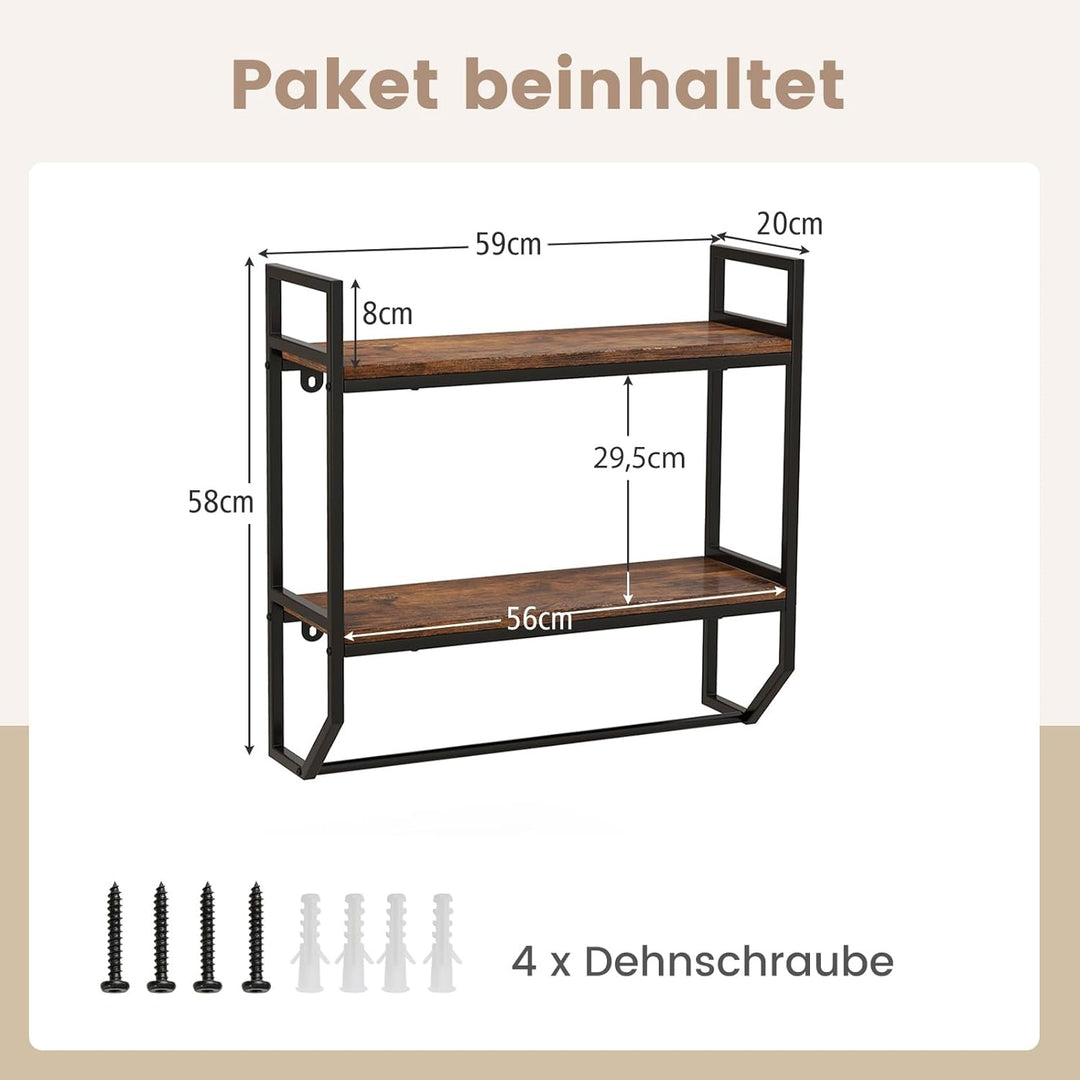 COSTWAY Wandregal, Bücherregal Wand, Schweberegal Holz mit Metallrahmen, 2Ebenen Regal Wand ideal fü