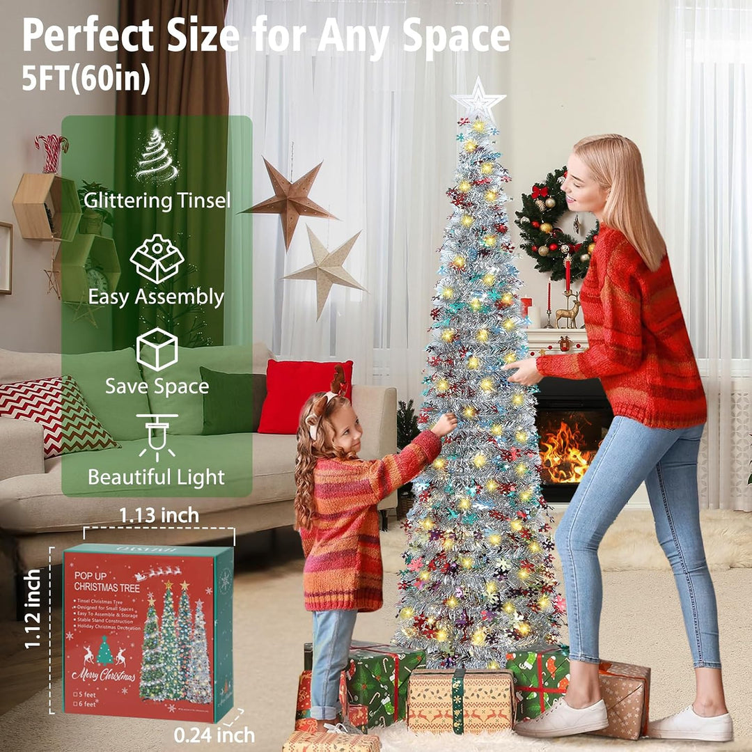 HMASYO 180 cm Pop-Up Lametta Weihnachtsbaum mit 100 Timer-Lichter und Fernbedienung, Zusammenklappba
