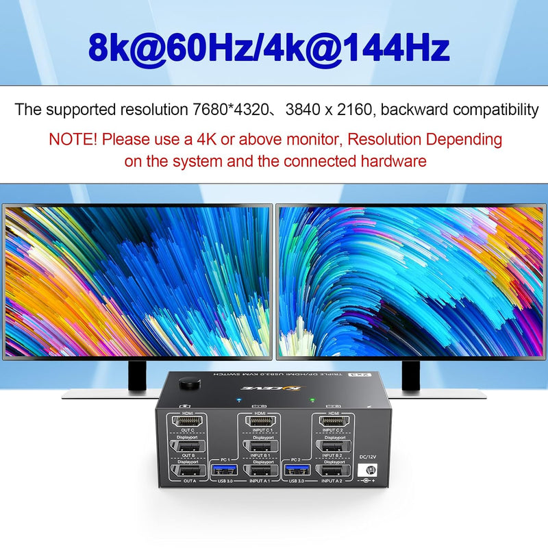 KVM Switch 2 PC 3 monitore 8K@60Hz 4K@144Hz, HDMI+2 Displayport KVM Switch Triple Monitor für 3 Moni