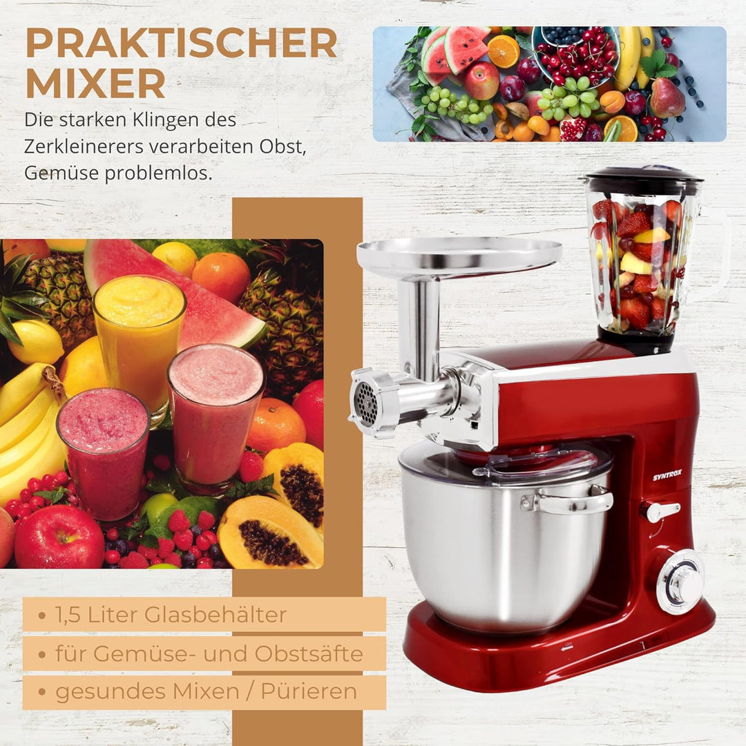 Syntrox Germany Küchenmaschine Wasas Mixen & Zerkleinern 7,5 Liter, Mixer und Fleischwolf in einem,