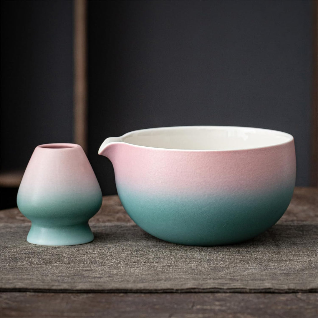 TEANAGOO Japanische Matcha-Schale K11 mit Schneebesenhalter,510ml Keramik-Chawan mit sanftem Rosa-Gr
