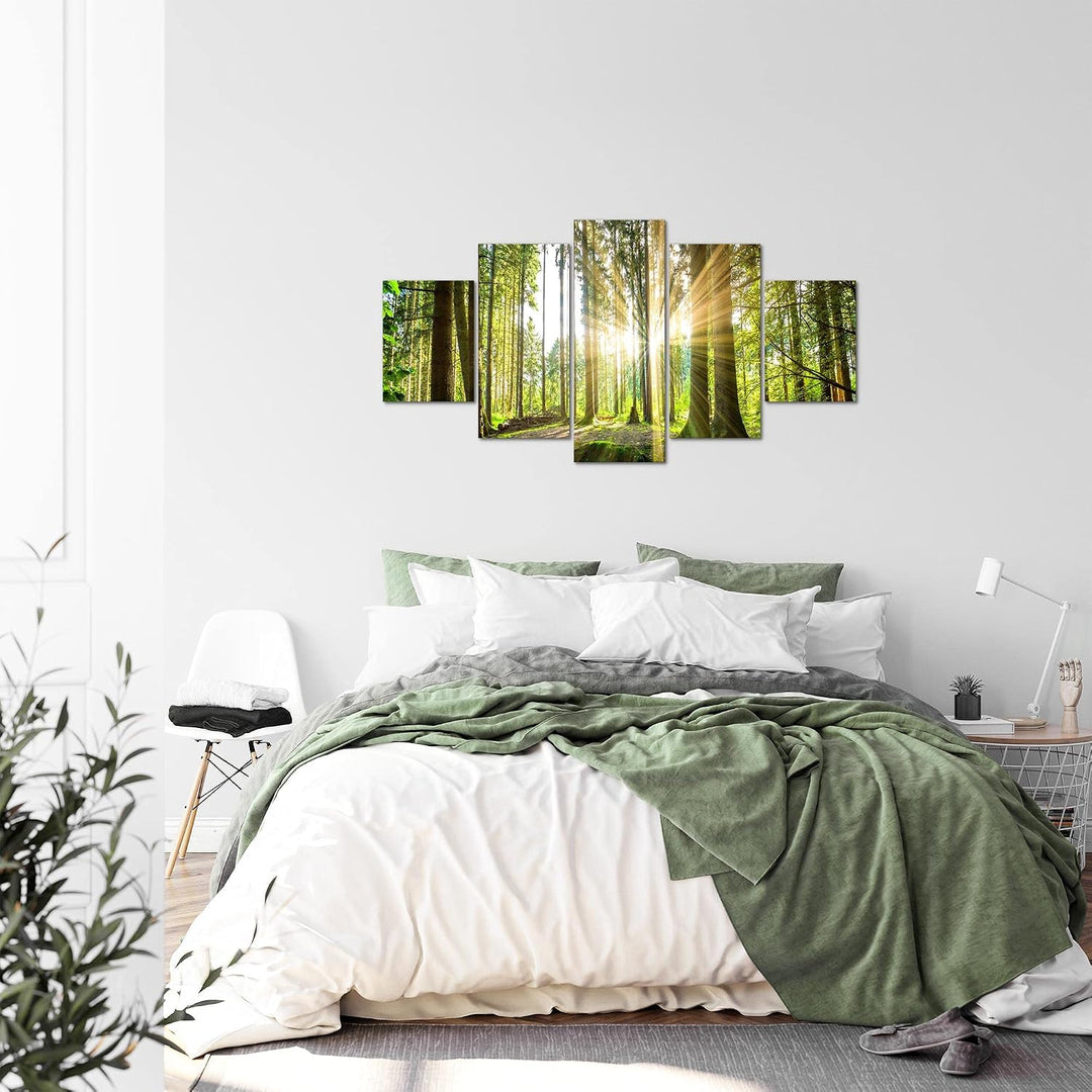 Runa Art Bild Schlafzimmer Wohnzimmer Wald Landschaft 5 Teilig Sonne Grün Wandbilder auf Vlies Leinw