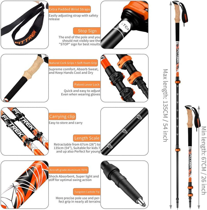 FitTrek Wanderstöcke Kork - Walking Stöcke - Trekkingstöcke Teleskop - Nordic Walking Stock Verstell