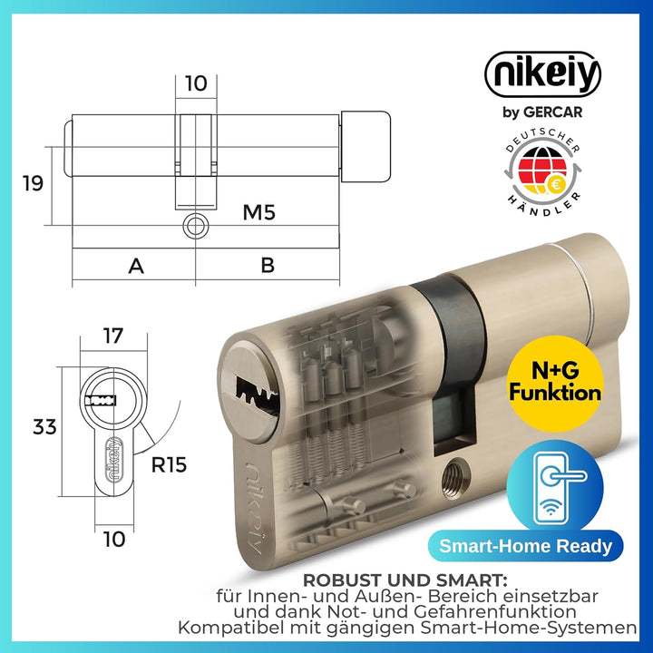 GERCAR Pro+ Profil-Zylinder 45/45 - N+G Schliesszylinder mit Not- und Gefahrenfunktion - Zylindersch