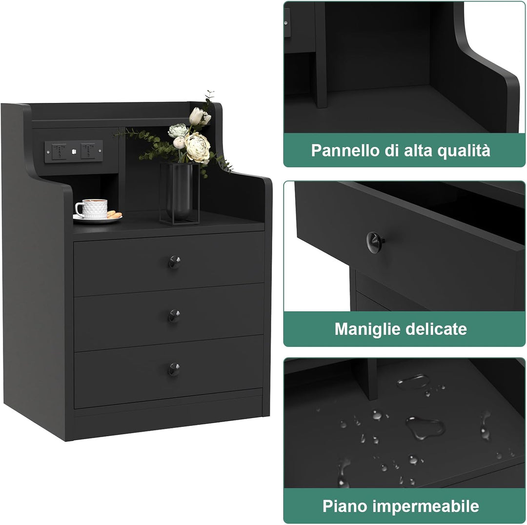 Nachttisch mit Ladestation, Nachtschrank mit Steckdosen und USB Anschlüsse, Nachttisch mit 3 Schubla