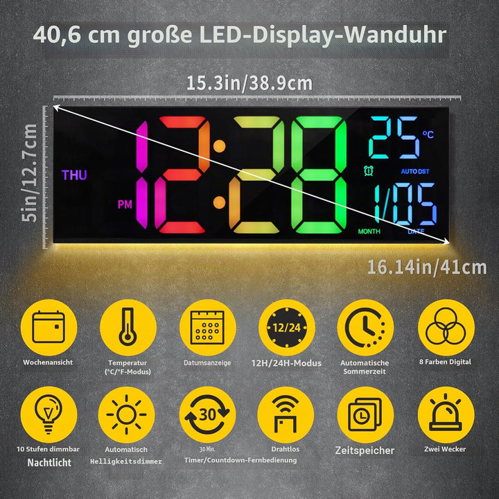 HAITANG Digitale Wanduhr in 8 Farben, 41,1 cm, grosse Digitaluhr mit Temperatur, Datum, automatische