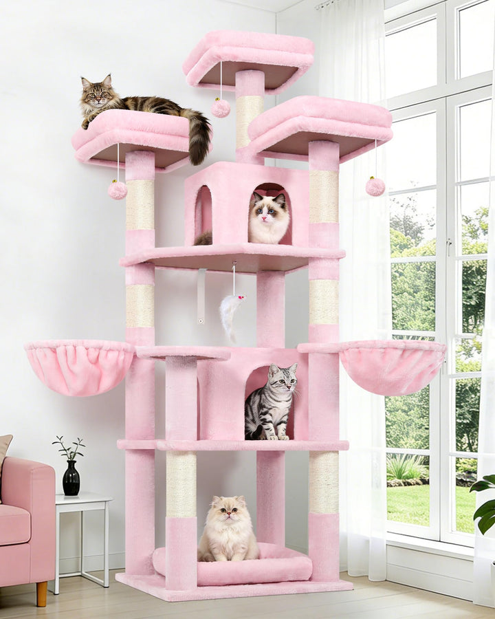 Globlazer Kratzbaum Rosa Stabil 174 cm mit 3 Gepolsterte Sitzstangen, 2 Katzenhaus, 2 Korb, Abnehmba