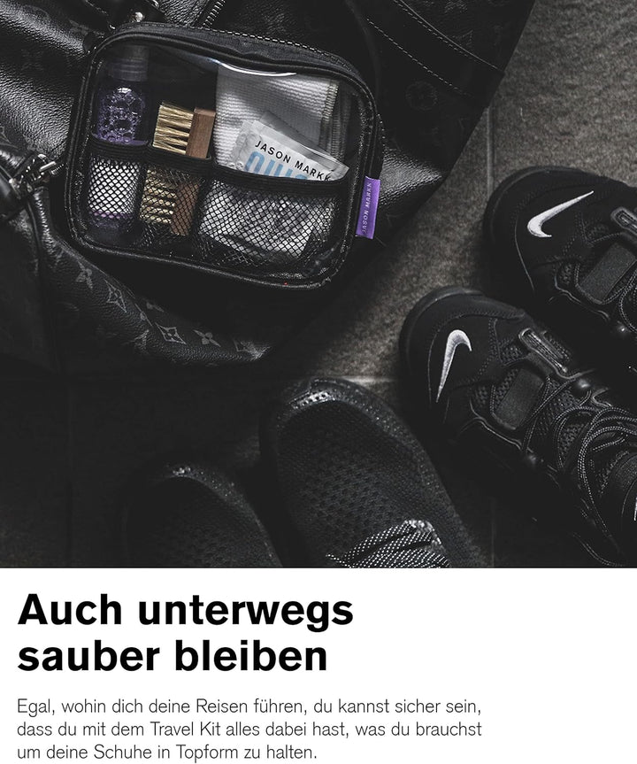 Jason Markk Reise Schuhreinigungsset - 2oz/59ml Premium Schuhreiniger, Mini Premiumbürste, 23cmx23cm