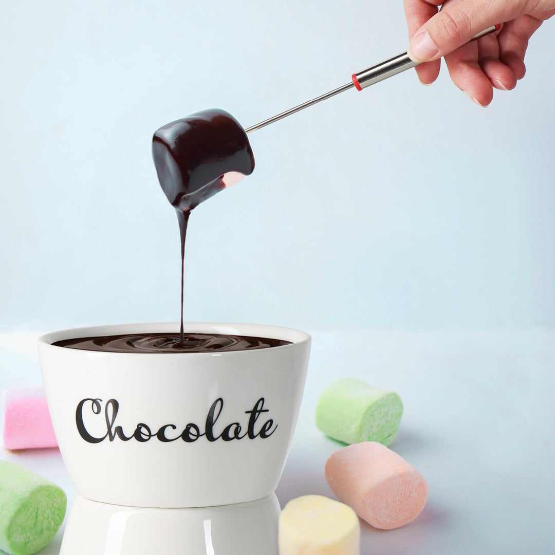 com-four® Schokoladenfondue-Set mit Schriftzug - Schmelztopf für Schokolade und Käse - Keramikschale