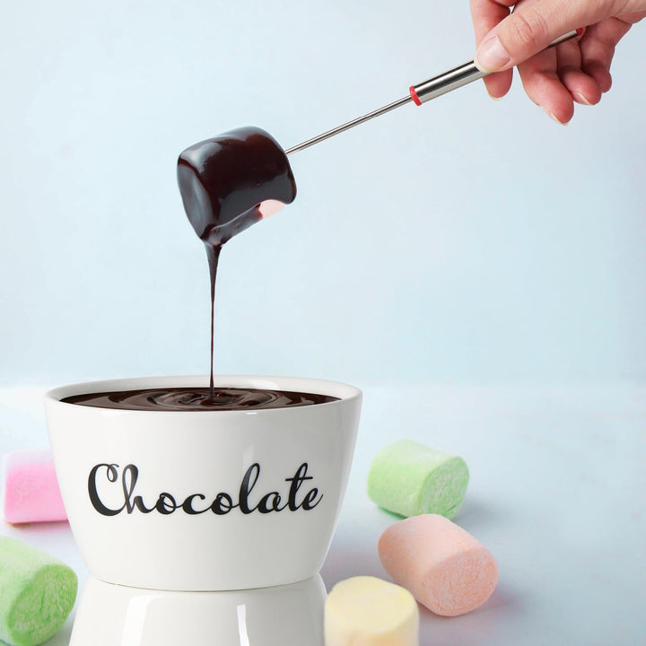 com-four® Schokoladenfondue-Set mit Schriftzug - Schmelztopf für Schokolade und Käse - Keramikschale