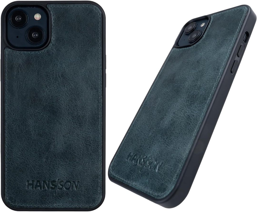 HANS/SON Echtlederhülle in Petrol | iPhone 14 | Schmales Ledercase | Stossfest | Langlebig | 6,1 Zol