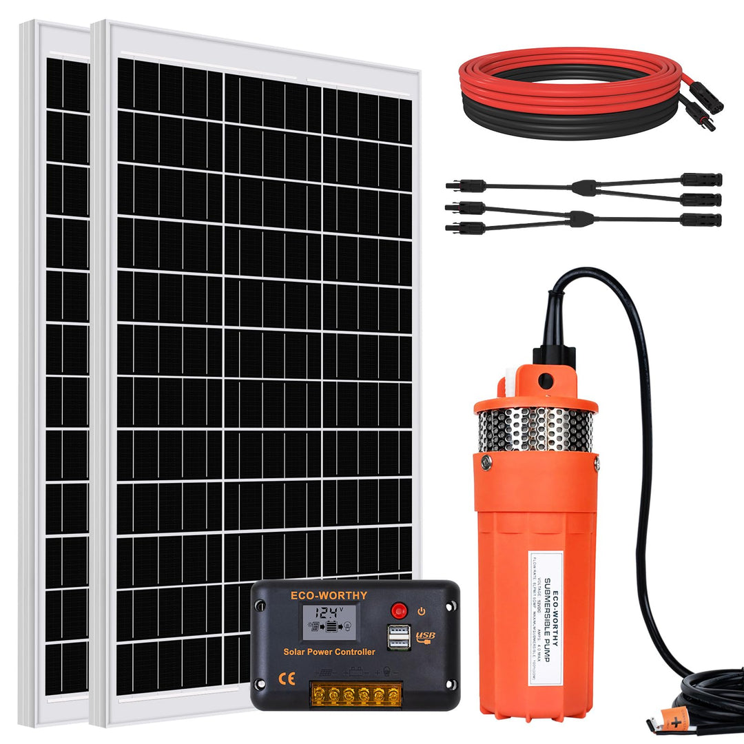 DCHOUSE 200W Solar Tiefbrunnen Tauchpumpen Kit mit | 12V Solarwasserpumpe + 2PCS 100W-Solarpanel (Y-