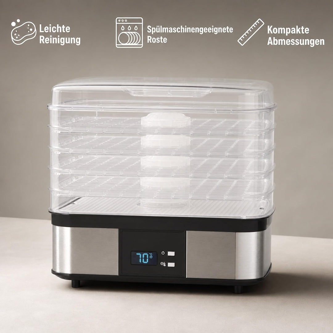 Edelstahl-Dörrgerät 350W mit 5 Einlegeböden, Temperatur 40-70°C, Zeitschaltuhr 1-36h, inkl. Kräuterm