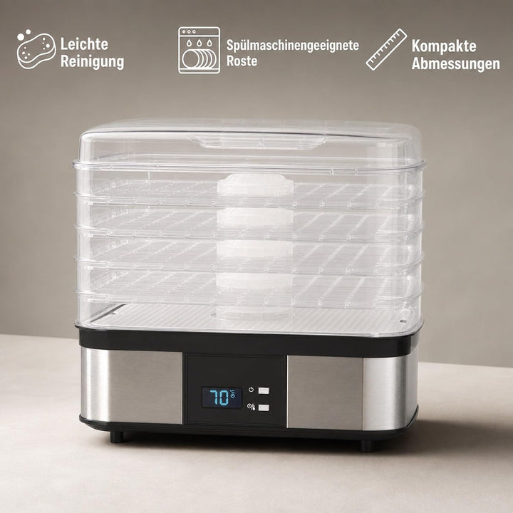 Edelstahl-Dörrgerät 350W mit 5 Einlegeböden, Temperatur 40-70°C, Zeitschaltuhr 1-36h, inkl. Kräuterm