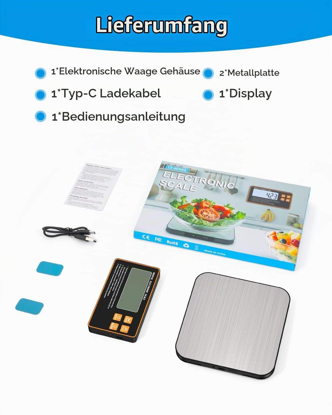 [Neu] Brifit Digitale Küchenwaage 15kg/1g mit Abnehmbarem Display – Wiederaufladbare Küchenwaage mit