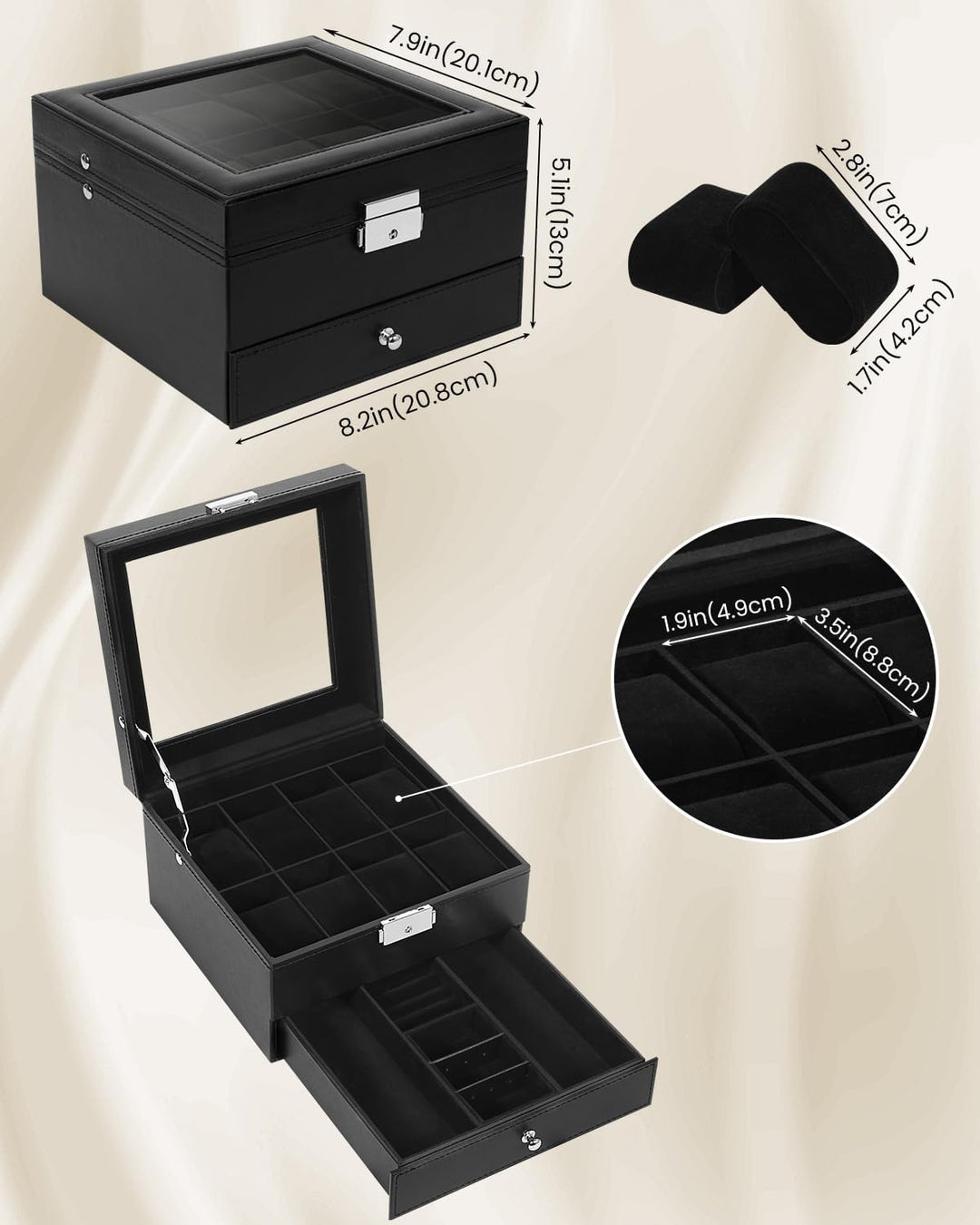 Uten Uhrenbox, 8 Fächern und 1 Schublade mit Schlüsselschloss, Glasdeckel, Schwarzes PU, Schwarzes S