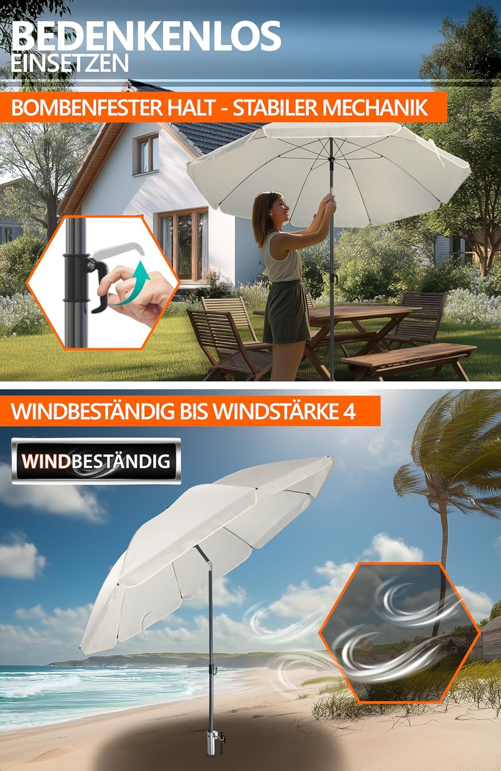 4smile Sonnenschirm Strand Ø 180 cm SET mit Eindrehbodenhülse, Beige | Strandschirm Windfest Stabil