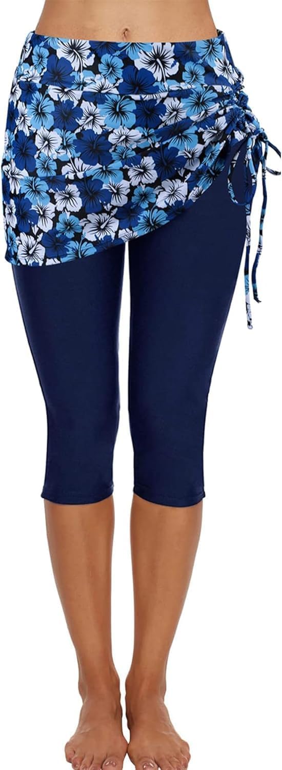 Ecupper Badehose Damen Lang Schwimmhose Capri Badeleggings Mit Rock Schwimm M Blaue Blumen, M Blaue