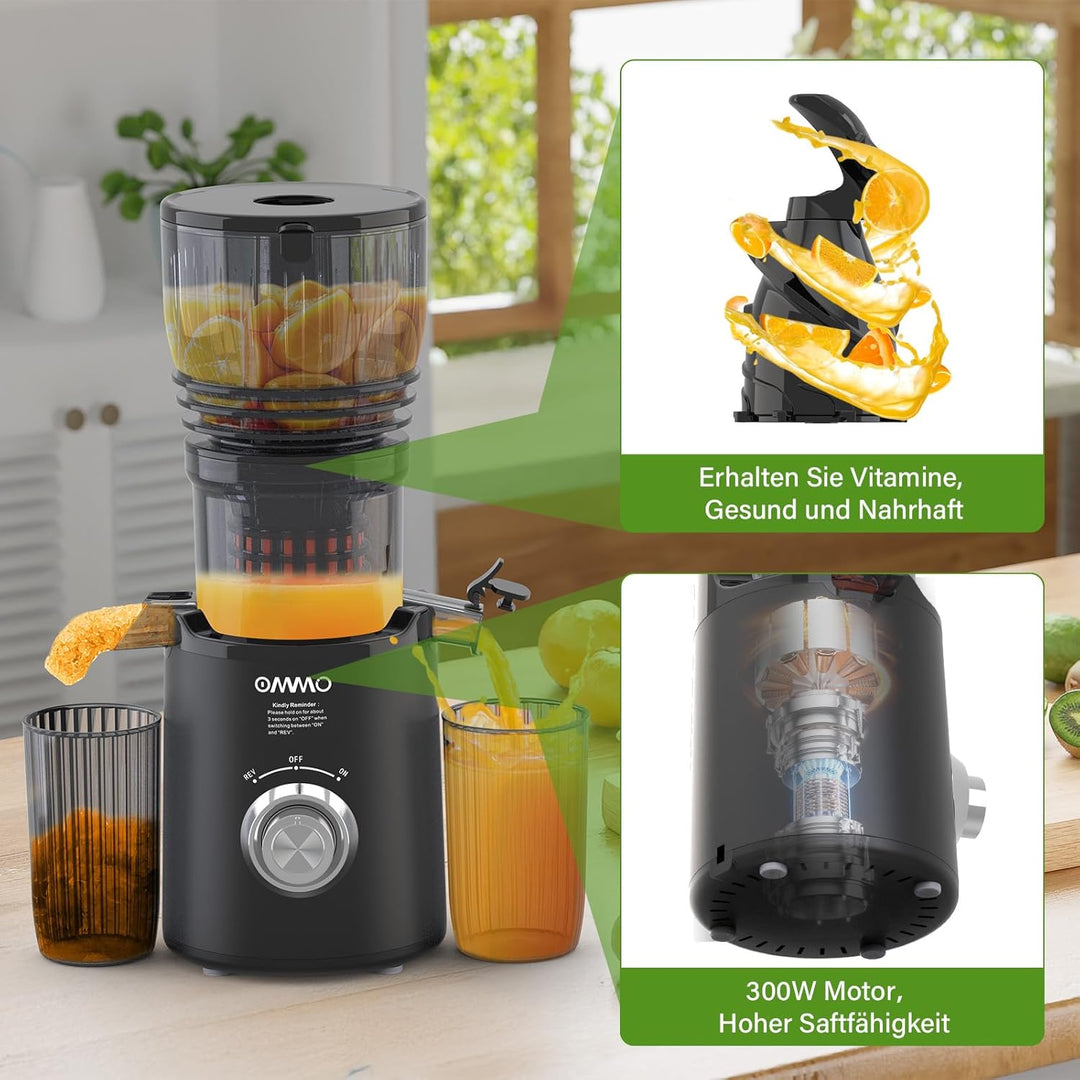 OMMO Entsafter Slow Juicer, 300W Entsafter Gemüse und Obst Testsieger Schwarz, Schwarz