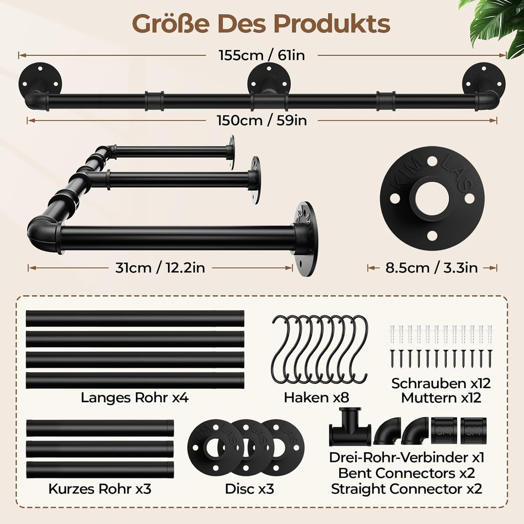Mavivegue 150 cm Kleiderstange Wand, Industrieller Rohr-Kleiderständer zur Wandmontage, Garderobenst