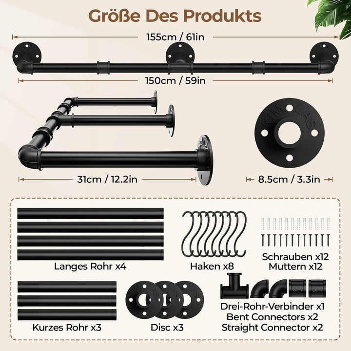 Mavivegue 150 cm Kleiderstange Wand, Industrieller Rohr-Kleiderständer zur Wandmontage, Garderobenst