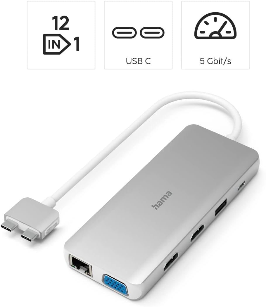 Hama USB C Hub 12 Ports Dockingstation für Apple MacBook Pro/Air (2x HDMI, 1x VGA, 4x USB-A, 1x USB-