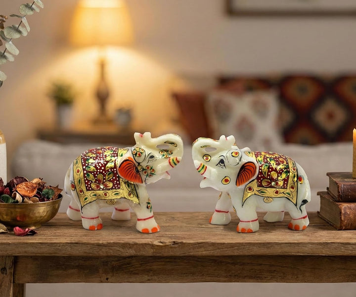 eSplanade Marmor-Elefantenfamilie mit Kalb, Skulptur oder Schaustück, Feng Shui Vastu bringt Glück,
