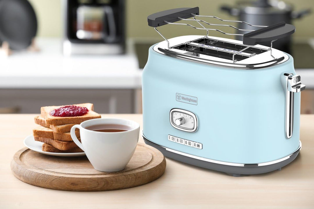 Westinghouse Retro-Toaster, 2 Scheiben, extra breite Schlitze, Warmhaltegestell, 815 W, blau Hellbla