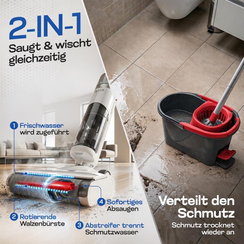 BLAXX Nass Trockensauger FloorVaX | Kabelloser Staubsauger mit Wischfunktion | 180° Lay-Flat | Selbs