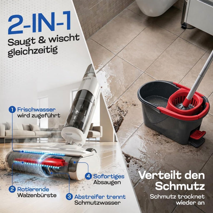 BLAXX Nass Trockensauger FloorVaX | Kabelloser Staubsauger mit Wischfunktion | 180° Lay-Flat | Selbs