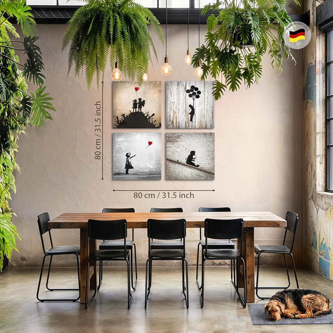 Novart Bilder Set Banksy Collage - KOMPLETT AUFHÄNGFERTIG - Grau Rot Orange Wohnzimmer Schlafzimmer