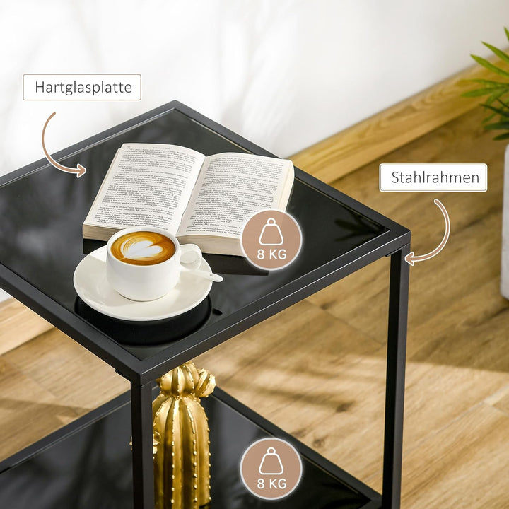 HOMCOM Beistelltisch Quadratischer Couchtisch mit 2 Ebenen, Wohnzimmertisch aus Hartglas und Stahl,