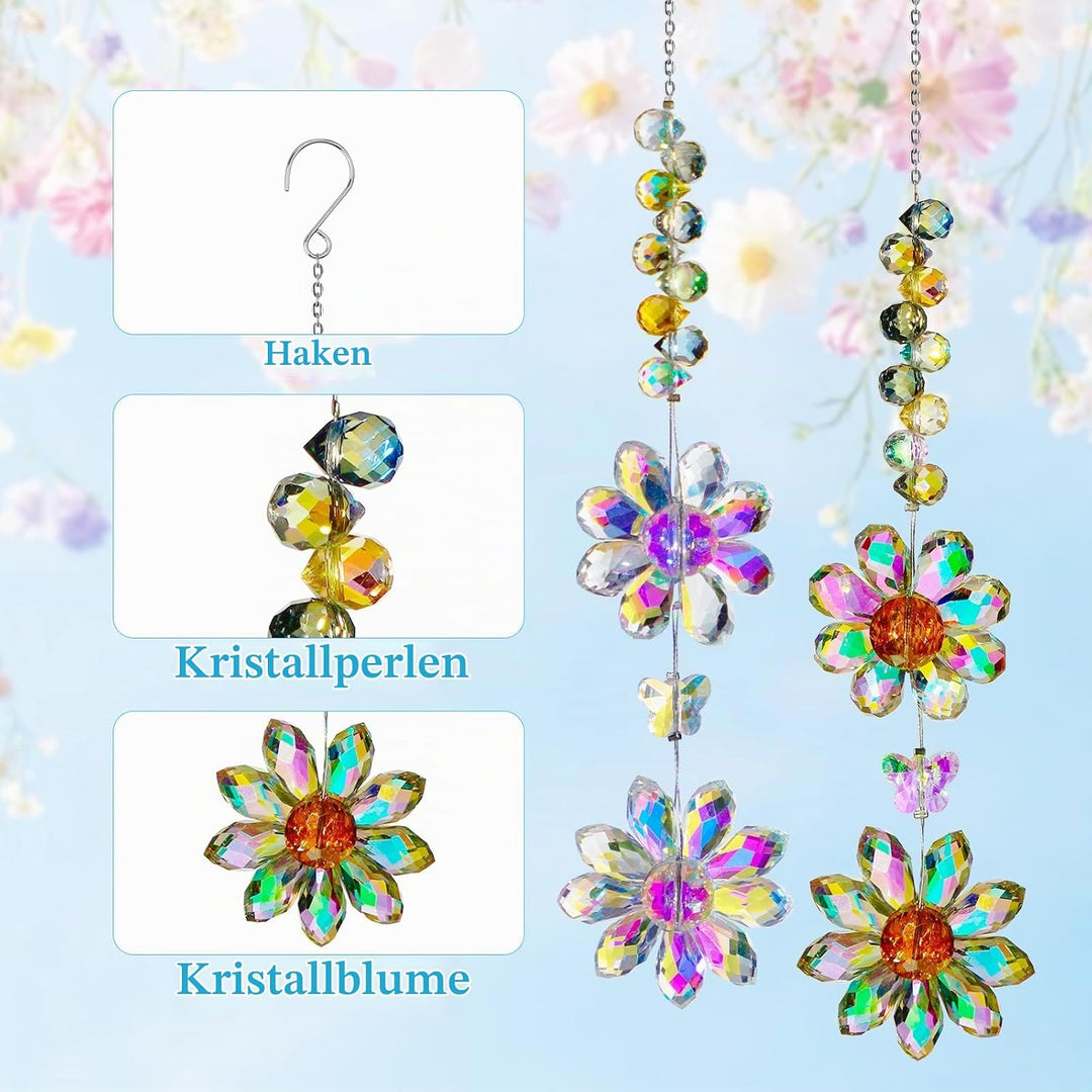 2 Stück Sonnenfänger Kristall Doppelt Blume Windspiel Fenster Anhänger Regenbogen Kristalle Deko Fen