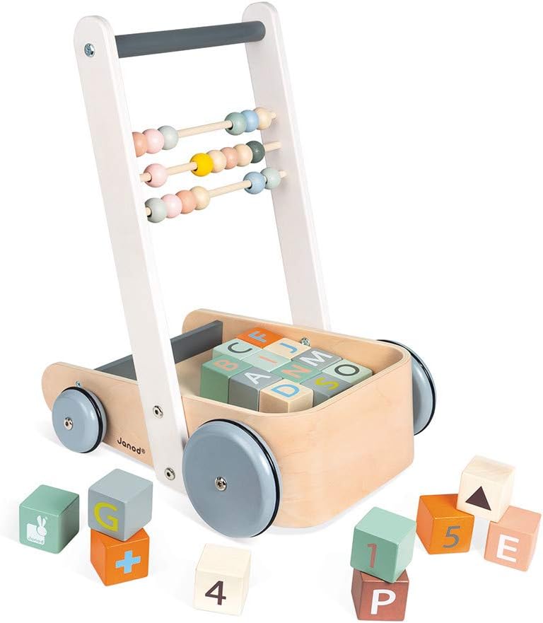 Janod - Sweet Cocoon ABC Buggy - Baby Lauflernwagen aus Holz mit 20 Alphabet Bausteinen mit Zahlen +
