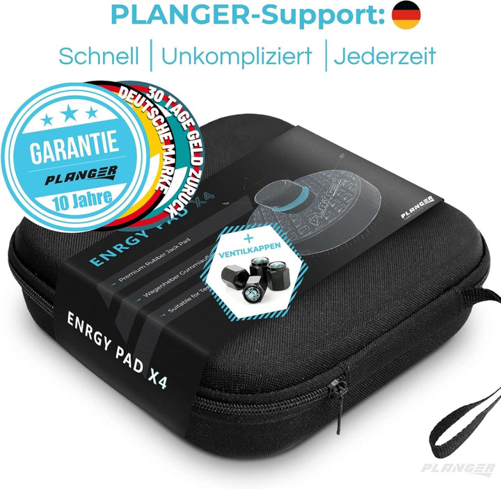 PLANGER® Tesla Wagenheber Beläge - 4X ENRGY PAD flach + 4 VENTILKAPPEN (Model 3 - Model S - Model Y